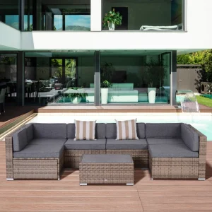 7 Pieces Patio Furniture Set, Rattan Conversation Set Garden Wicker Sofa Set with Washable Cushions and Coffee Table, All Weather PE Rattan Sectional Sofa, Grey - Image 3