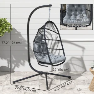 Wicker Egg Swing Chair with Stand, Foldable Hanging Egg Chair with UV Resistant Cushion, Headrest, Dark Grey - Image 7