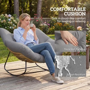 Indoor Outdoor Papasan Rocking Chair, Oversized Rocking Egg Chair with Cushion for Garden, Patio, Grey - Image 3