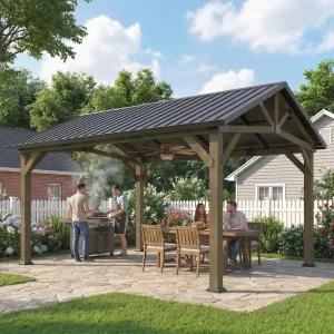 13' x 11' Hardtop Gazebo Canopy with Galvanised Metal Roof, Fir Wood Frame and Central Hook for Patio, Black Grey - Image 4